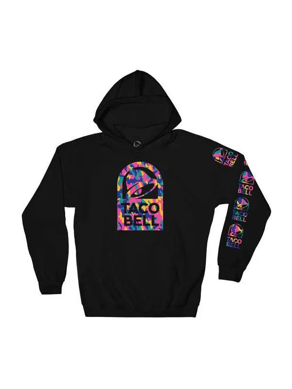 Front view of a black hoodie featuring Taco Bell logo
