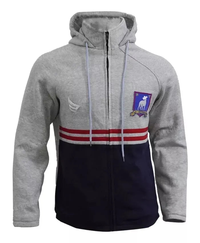 Front view of a grey and navy color-block zip-up hoodie