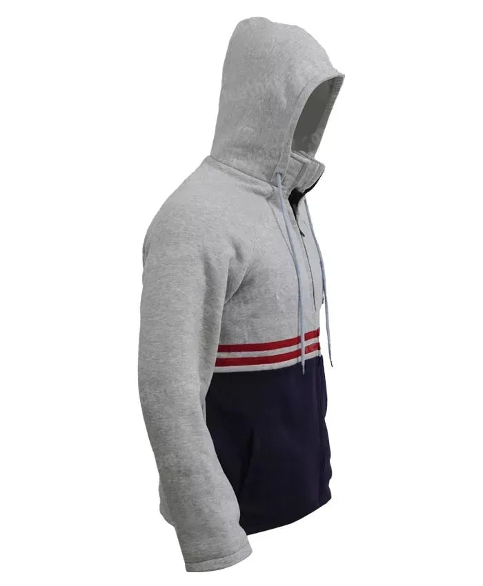 Side view of the grey and navy color-zip-up hooded jacket