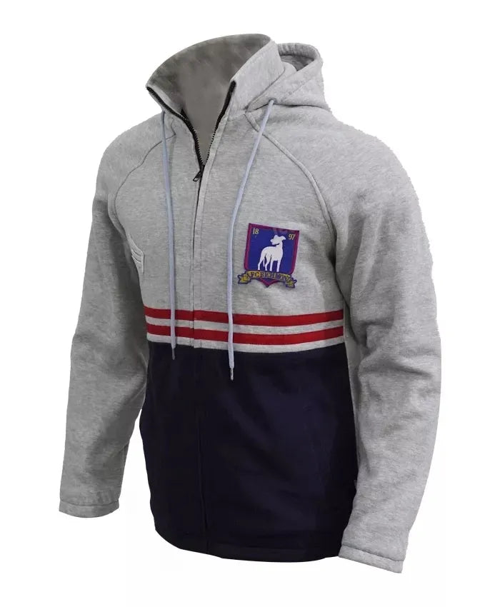Side view of the grey and navy color-zip-up hooded jacket