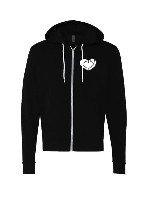 Front view of black zip-up hoodie with white geometric heart