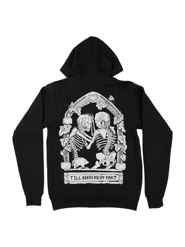 Back view of a black zip-up hoodie with text 'TILL DEATH DO US PART'.