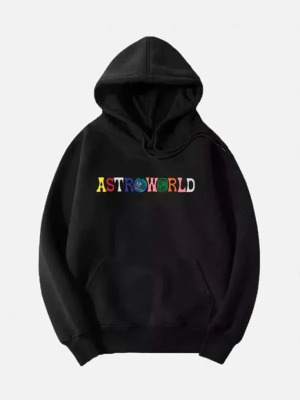 Front view of a black hoodie featuring 'ASTROWORLD' logo