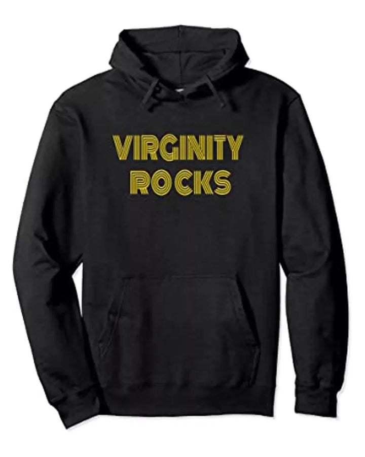 Front view of black pullover hoodie, featuring 'VIRGINITY ROCKS' text