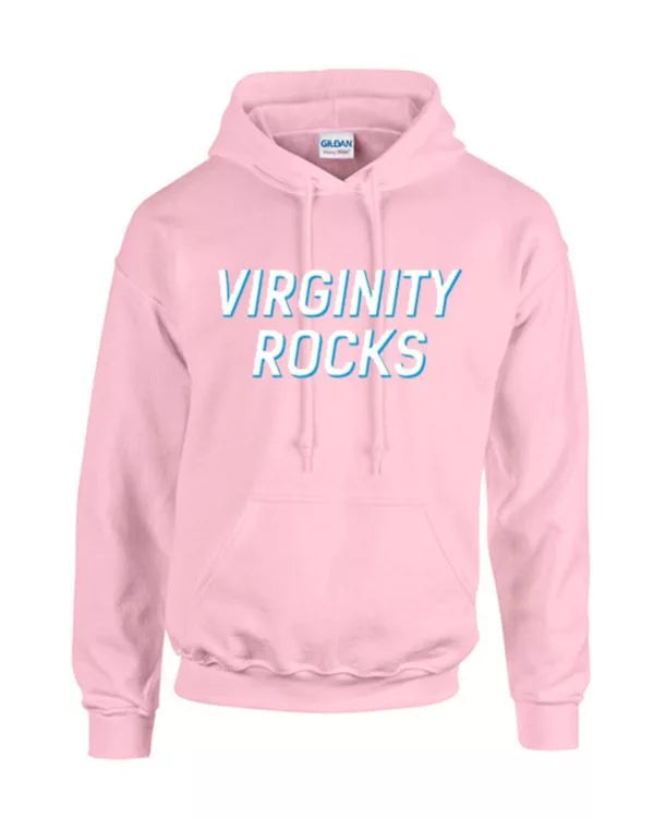 Front view of pink pullover hoodie, featuring 'VIRGINITY ROCKS' text
