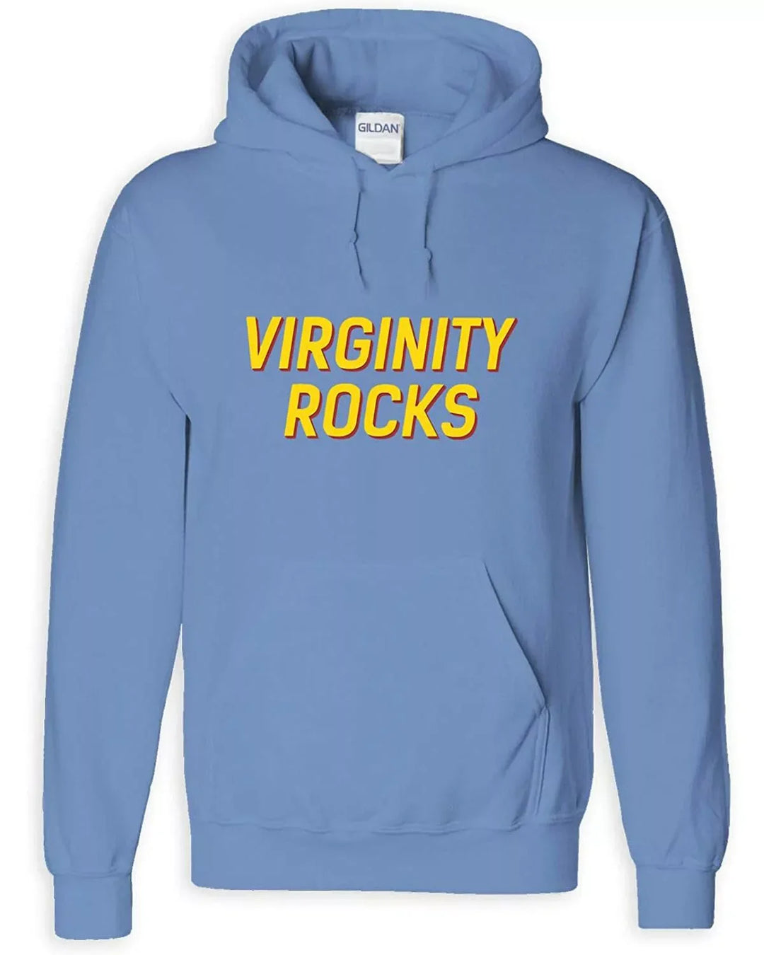 Front view of blue pullover hoodie, featuring 'VIRGINITY ROCKS' text 