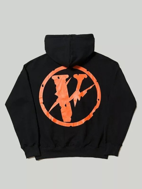 Black Vlone hoodie with orange logo on a gray background