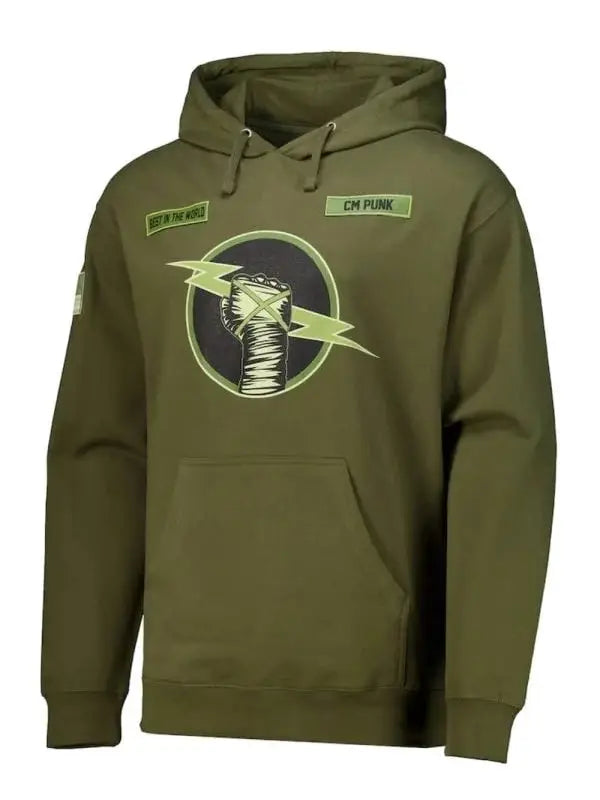 Front view of Green CM Punk hoodie featuring 'CM PUNK' Logo