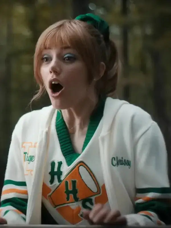 Front view of Chrissy from Stranger Things wearing the white hoodie
