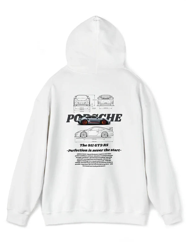 Back view of a white Porsche 911 GT3 RS hoodie
