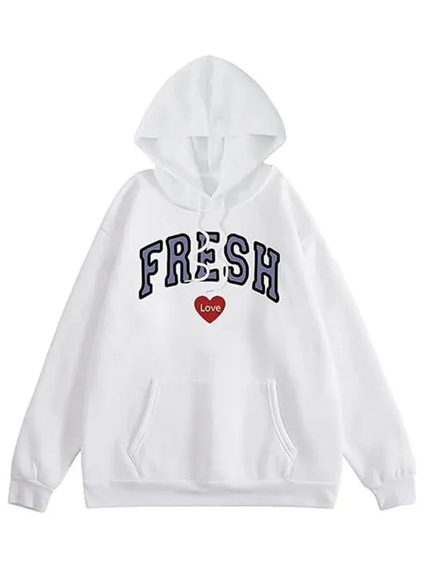 Front view of a white pullover hoodie with text 'FRESH LOVE'.