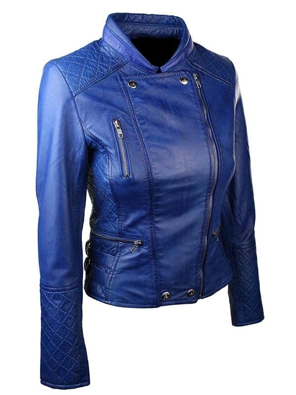 Womens Slim Fit Diamond Quilted Leather Biker Jacket