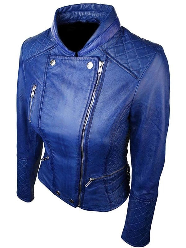 Womens Slim Fit Diamond Quilted Leather Biker Jacket