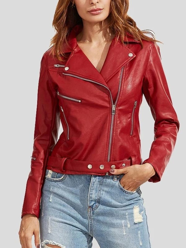Womens Wear Red Leather Biker Jacket