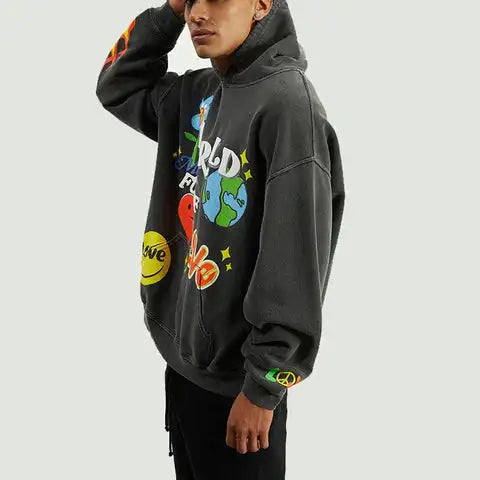 Side profile of the distressed gray pullover hoodie