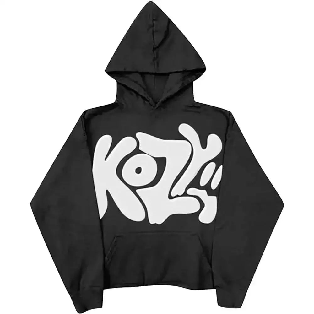 Front view of black pullover hoodie, featuring 'KOZY' text