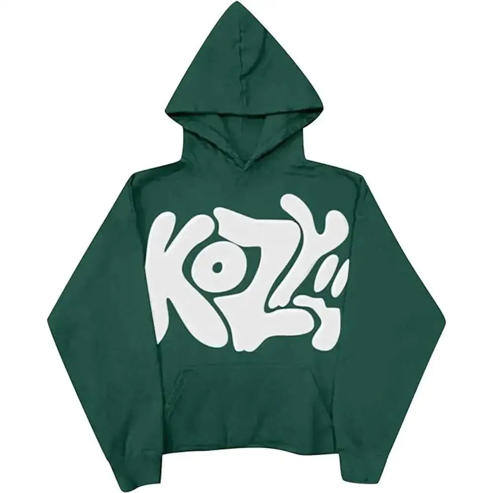Front view of green pullover hoodie, featuring 'KOZY' text