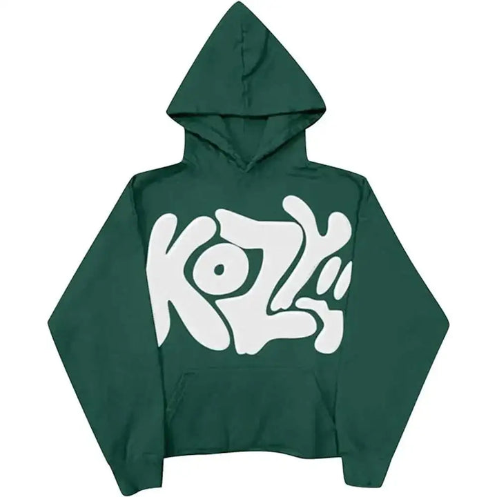 Front view of green pullover hoodie, featuring 'KOZY' text