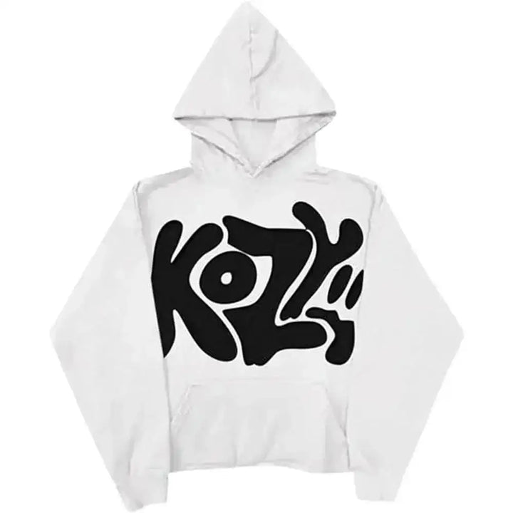 Front view of white hoodie, featuring large 'KOZY' text