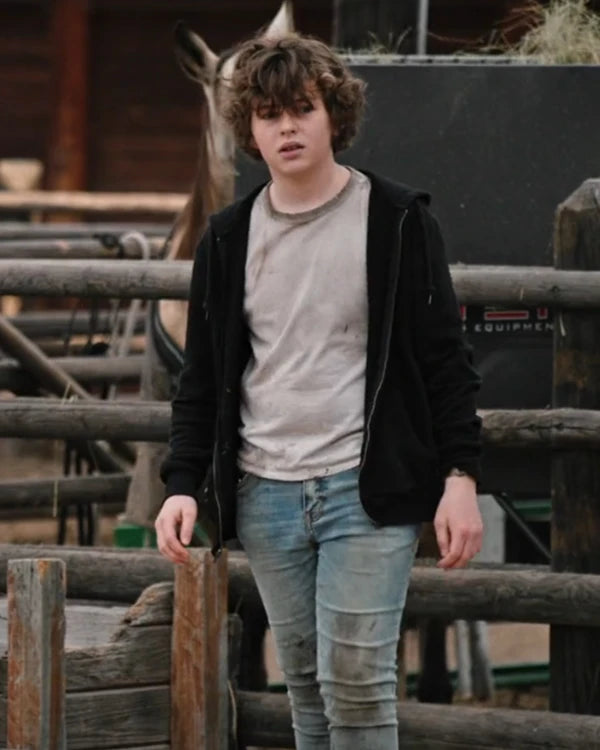 Front view Tate Dutton from Yellowstone, wearing black zip-up hoodie