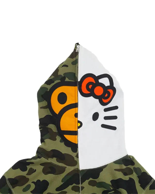 Closeup of the BAPE/Hello Kitty split-face hood