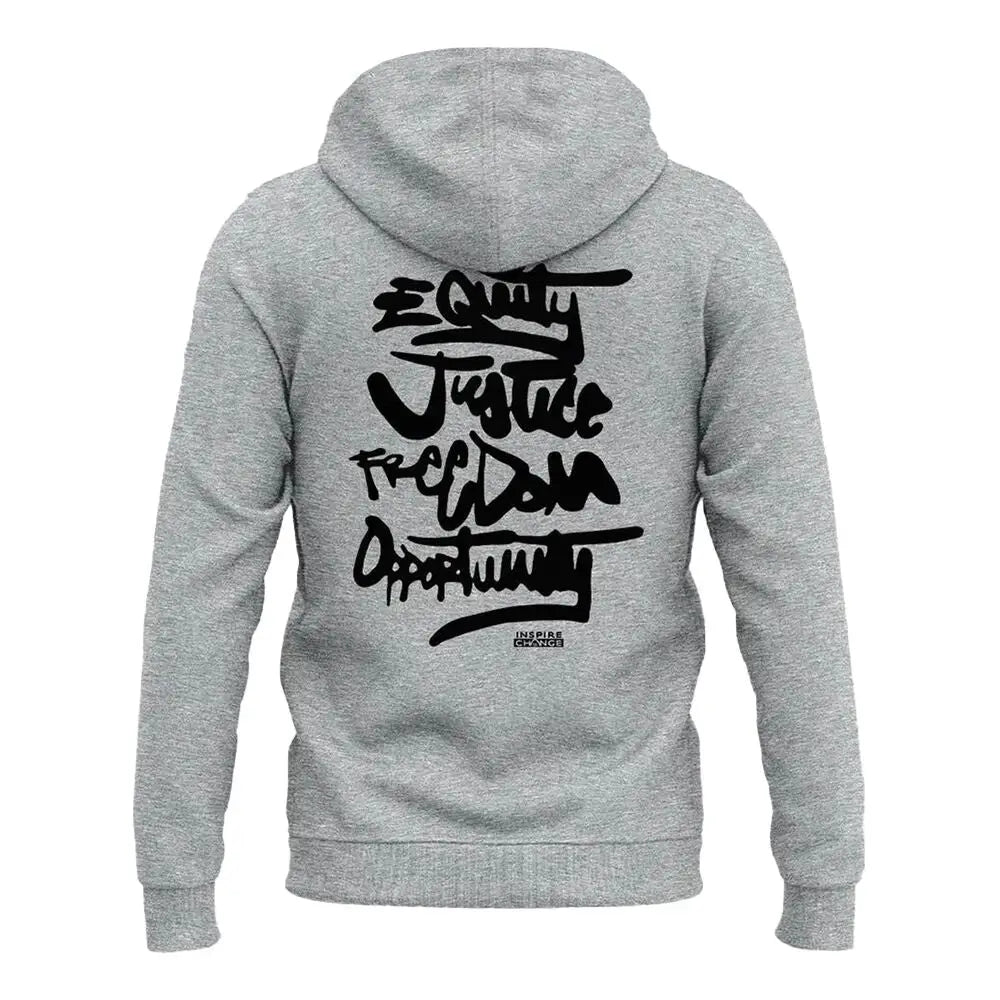 Back view of gray hoodie with text 'EQUITY JUSTICE FREEDOM OPPORTUNITY'.