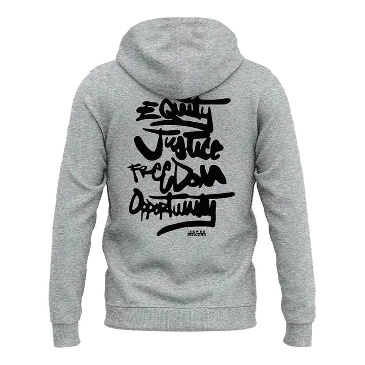 Back view of gray hoodie with text 'EQUITY JUSTICE FREEDOM OPPORTUNITY'.