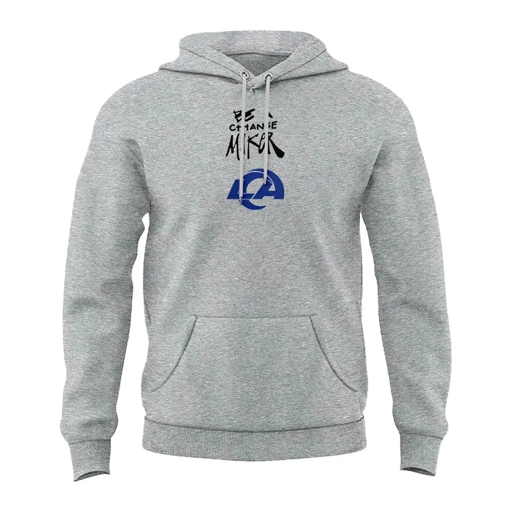 Front view of a gray hoodie with text 'BE A CHANGE MAKER' and LA logo.
