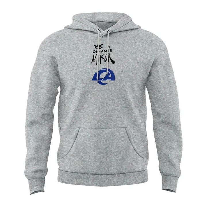 Front view of a gray hoodie with text 'BE A CHANGE MAKER' and LA logo.