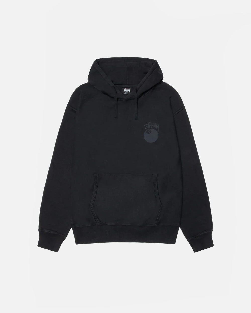 Front view of an oversized, 8-ball black pigment-dyed hoodie