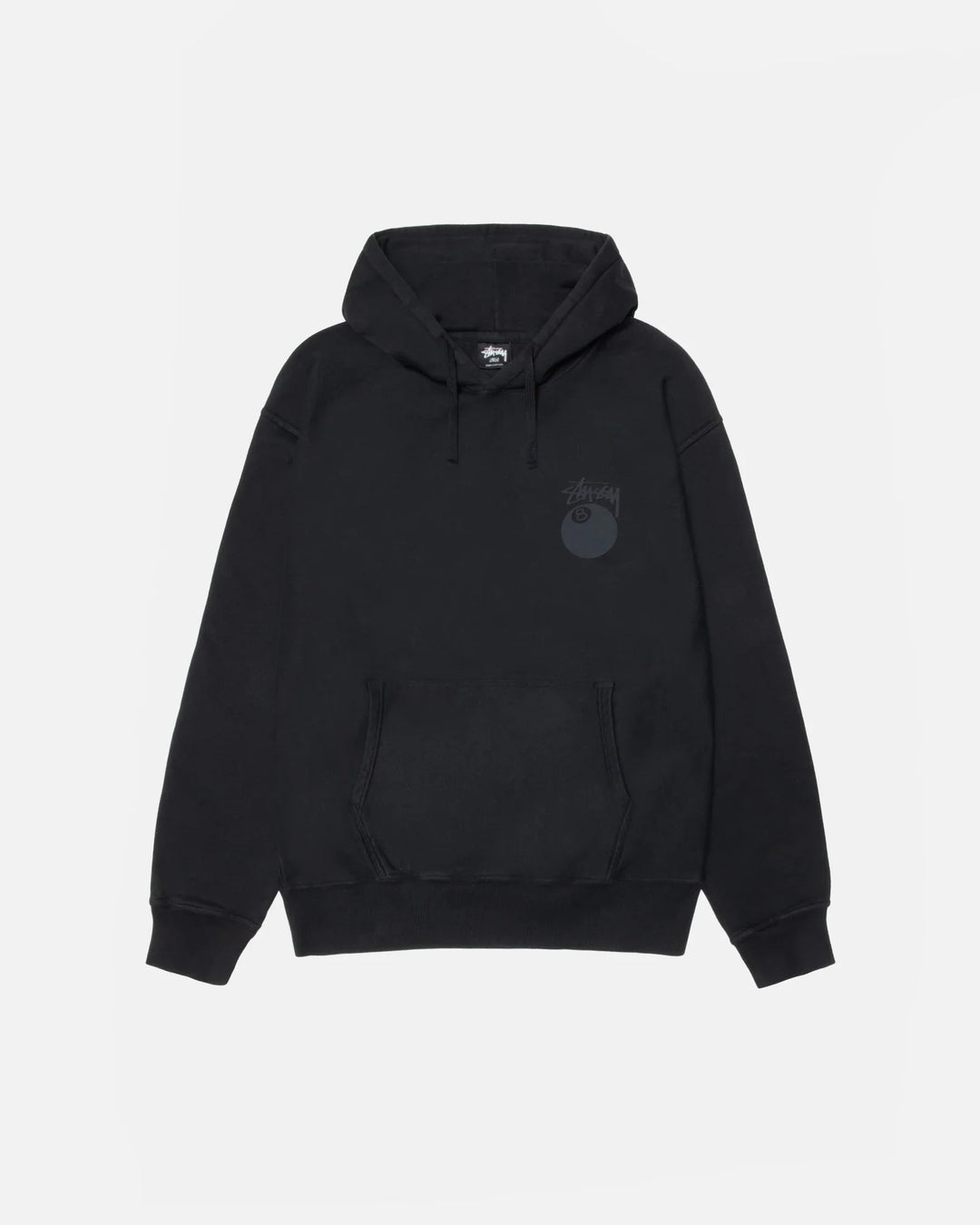 Front view of an oversized, 8-ball black pigment-dyed hoodie