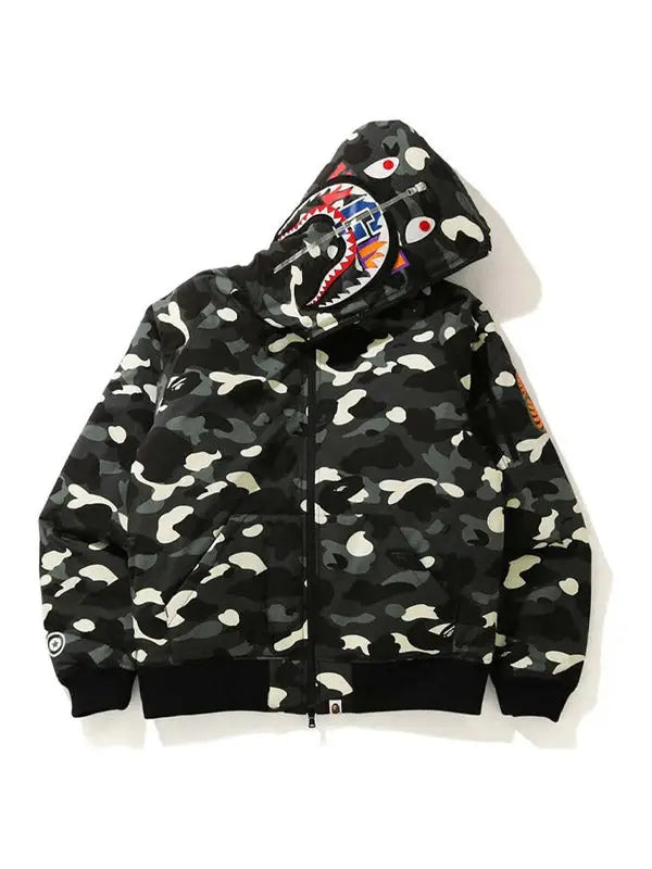 Front view of a black bape hoodie  camouflage full-zip hoodie