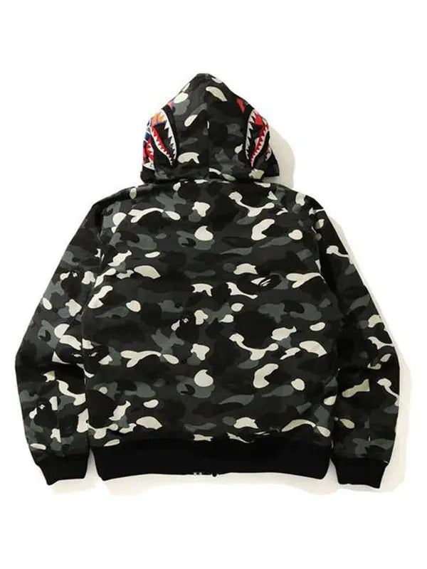 Back view of a black, white camouflage bape full-zip hoodie