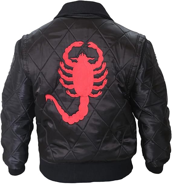 black drive jacket with red scorpion logo on back