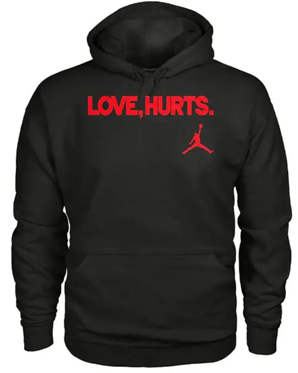 Front view of  black pullover hoodie with 'LOVE, HURTS.' text and Jordan logo 