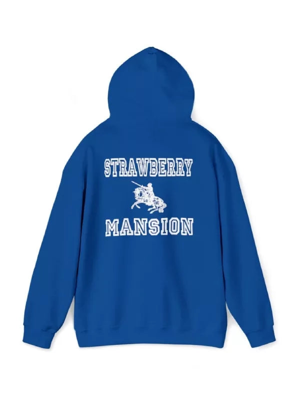 blue strawberry mansion hoodie back view