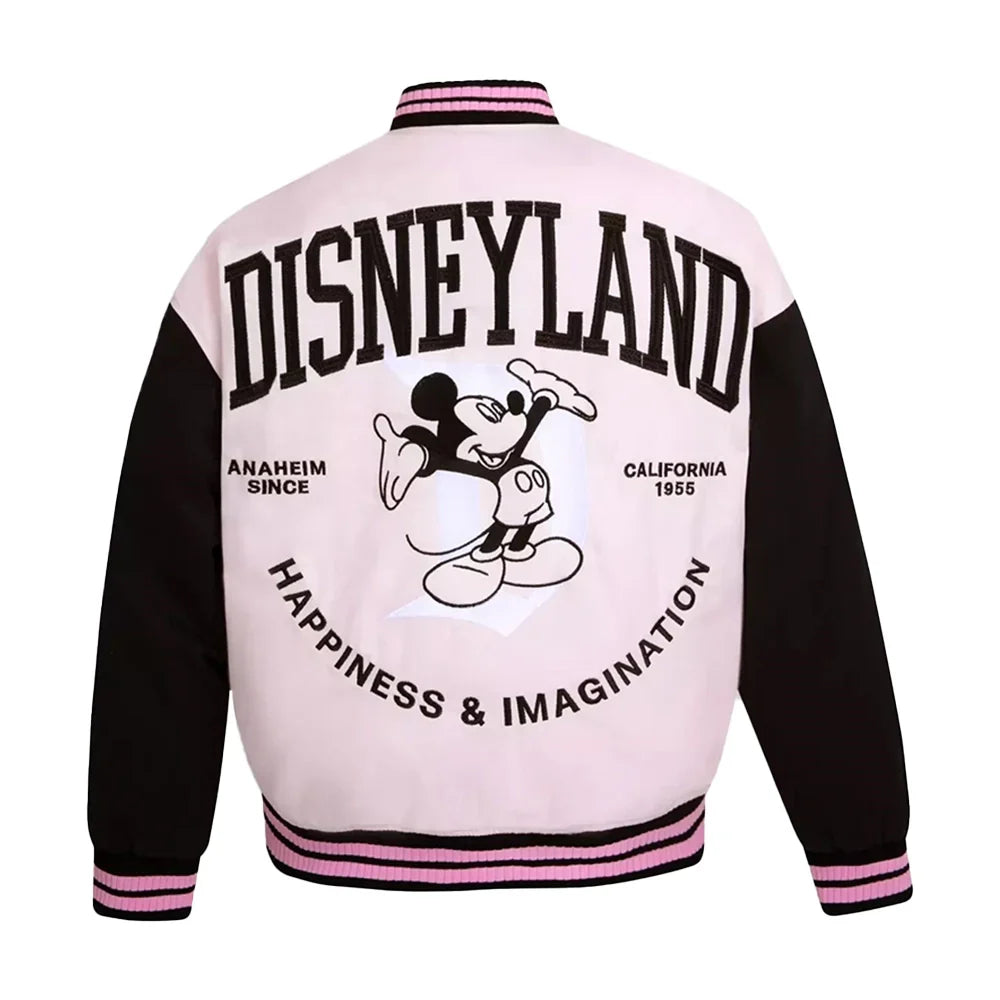 Pink and black disneyland varsity jacket with Disneyland logo and text on a white background