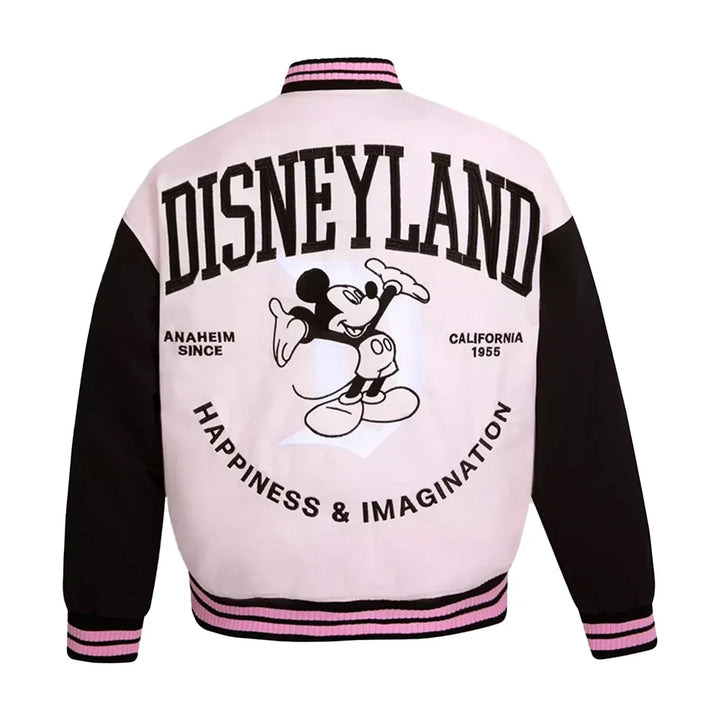 Pink and black disneyland varsity jacket with Disneyland logo and text on a white background