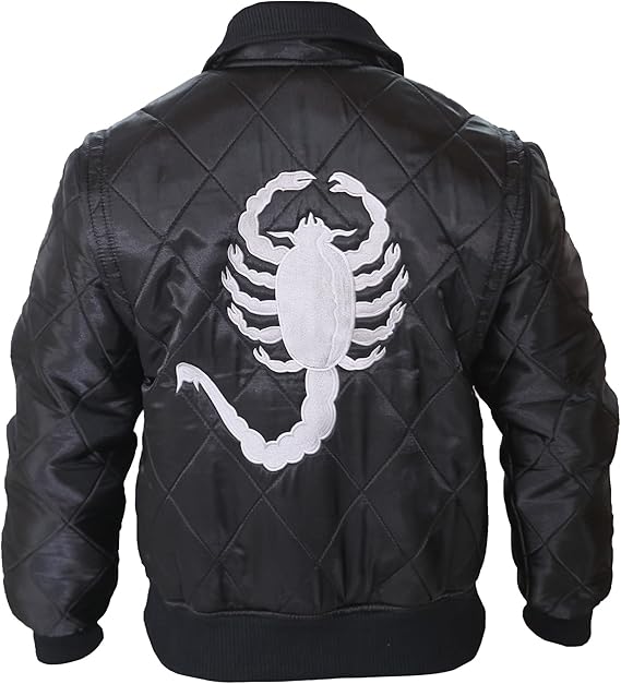 black drive film jacket scorpion​ with white scorpion logo on back