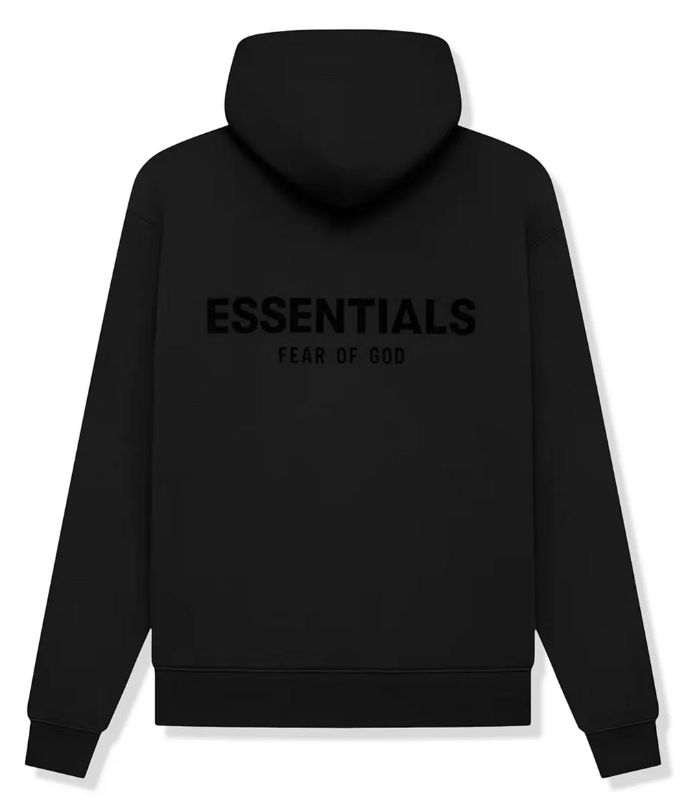 Back view of black hoodie, featuring 'ESSENTIALS FEAR OF GOD' text