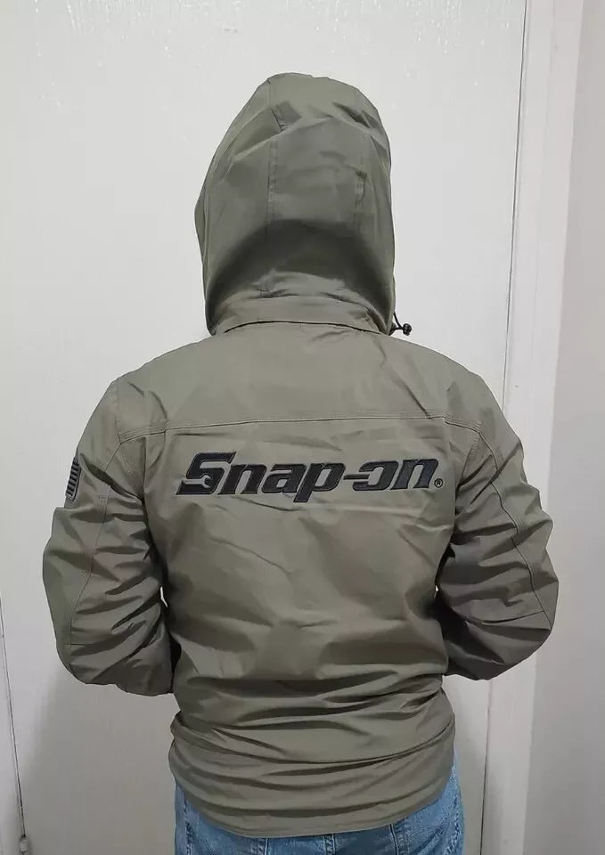 green snap on hooded jacket​ back view