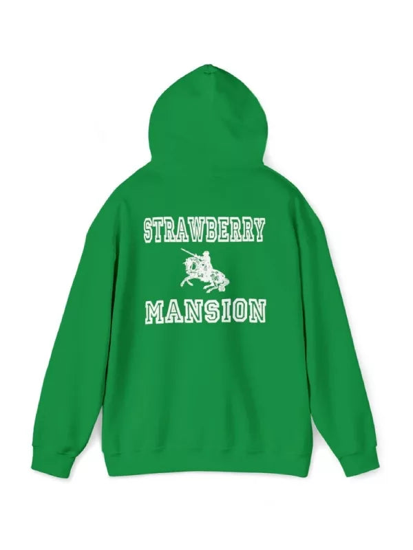 green strawberry mansion hoodie back view