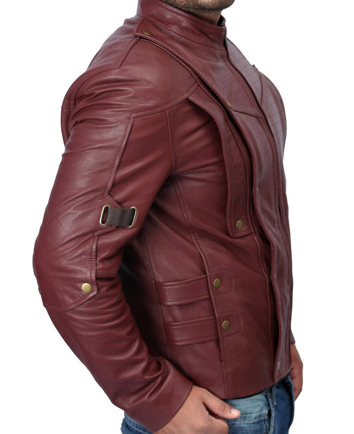 Maroon leather jacket worn by a person on a white background
