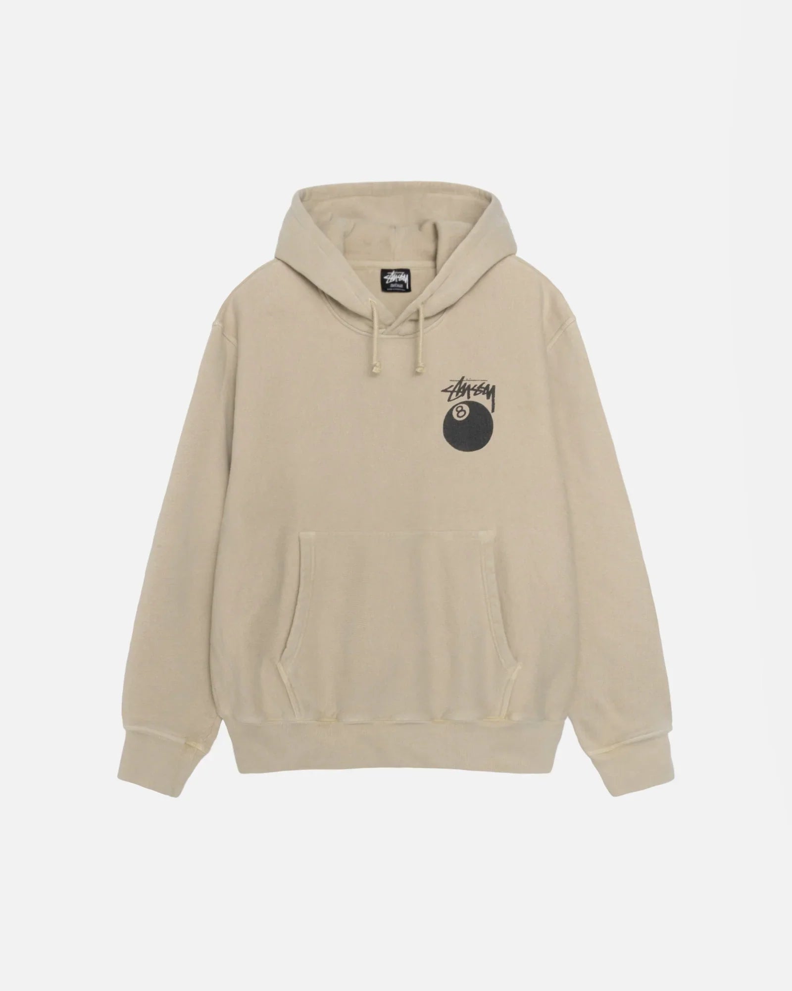 Front view of an oversized, khaki 8-Ball pigment-dyed hoodie