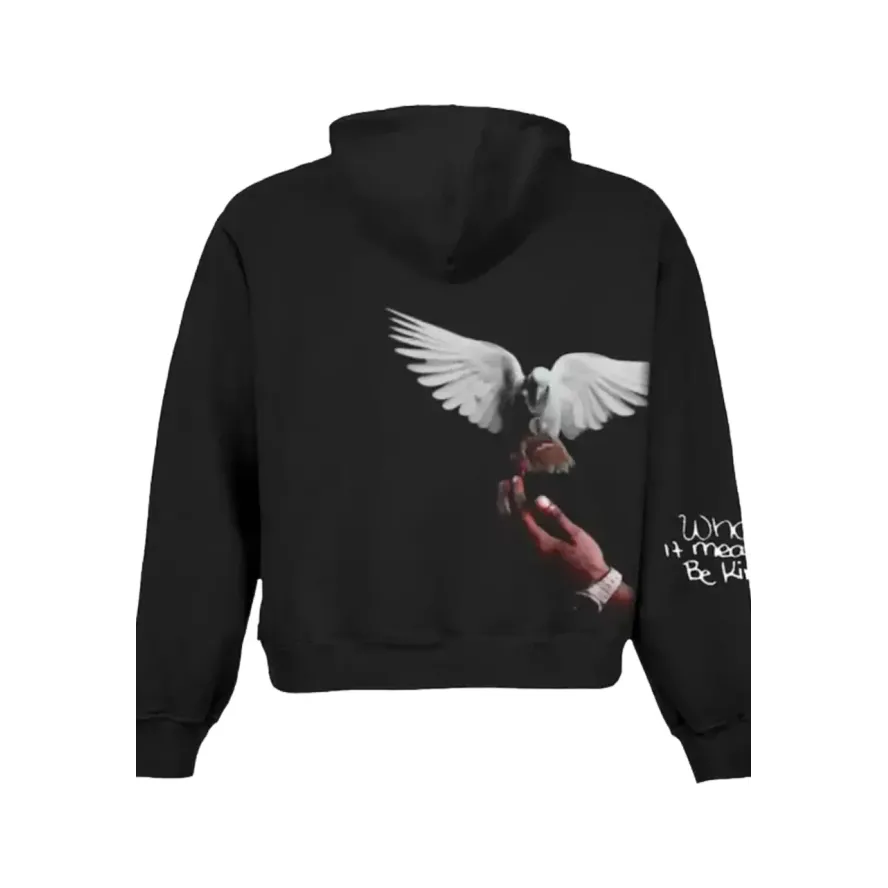 Back view of a black pullover hoodie featuring a white dove
