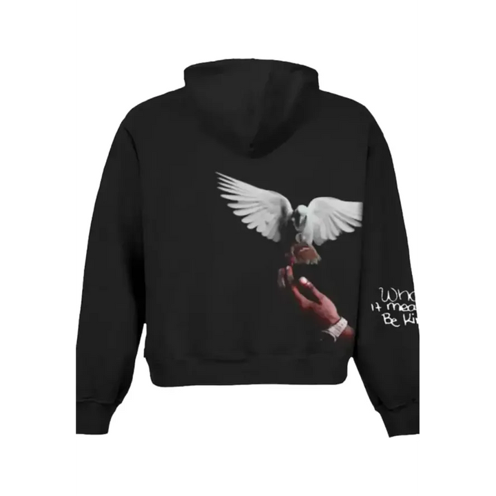Back view of a black pullover hoodie featuring a white dove