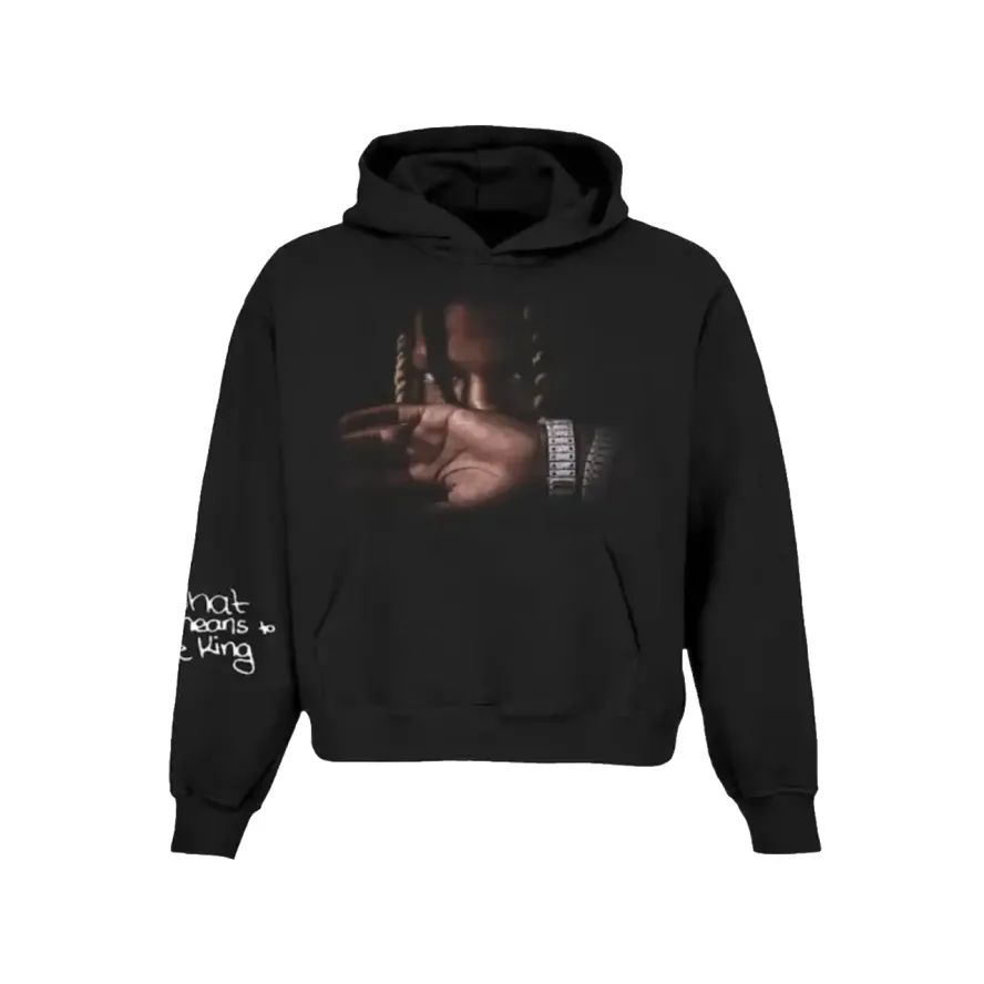 Front view of a black hoodie featuring King Von's face