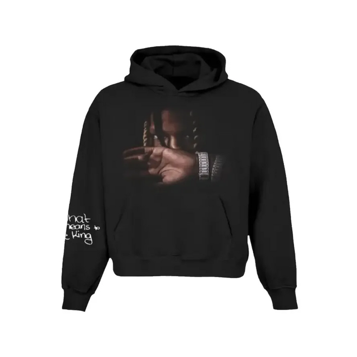 Front view of a black hoodie featuring King Von's face