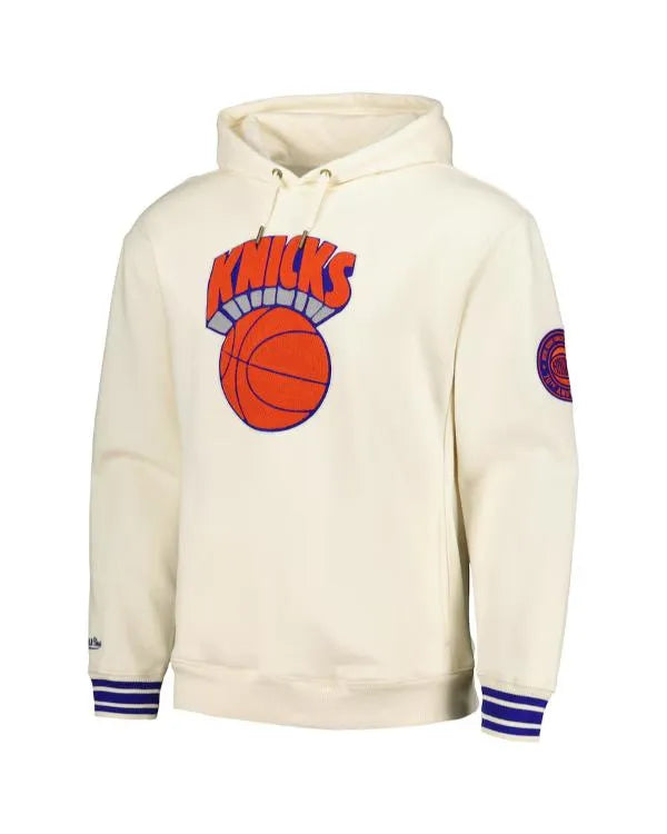 Front view of white hoodie with Knicks logo and text.