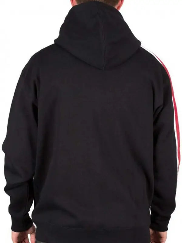 Back view of a mass effect n7 black zip-up hoodie
